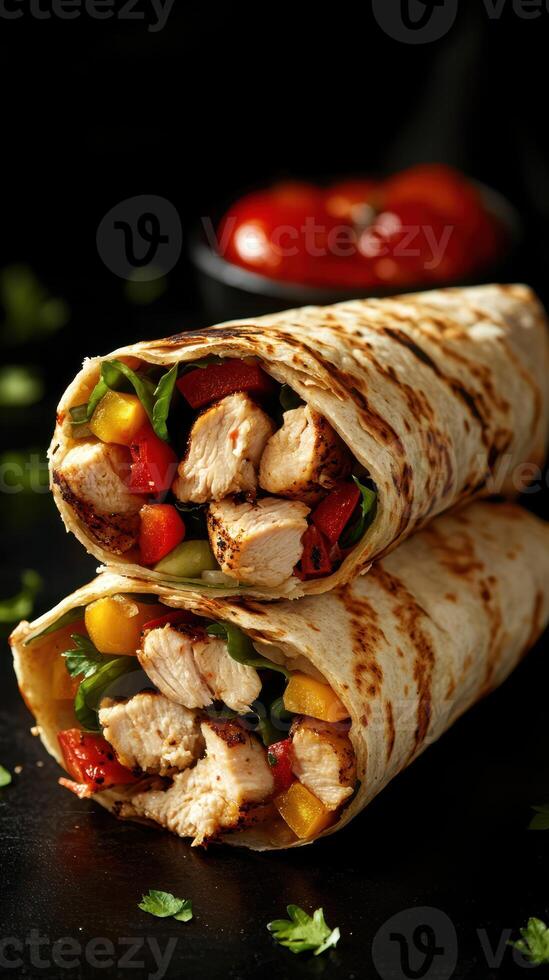Fresh grilled chicken wraps filled with vegetables and served with salsa in a dark setting photo