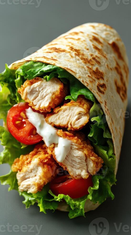 Crispy chicken wrap with fresh lettuce and tomatoes served on a light gray background photo