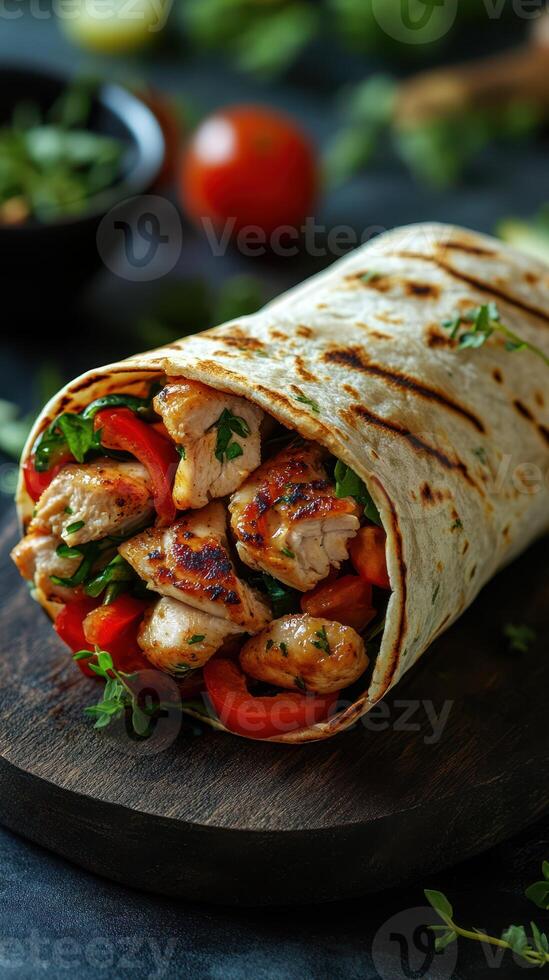 Grilled chicken wrap with fresh vegetables served on a wooden board in a cozy kitchen setting photo