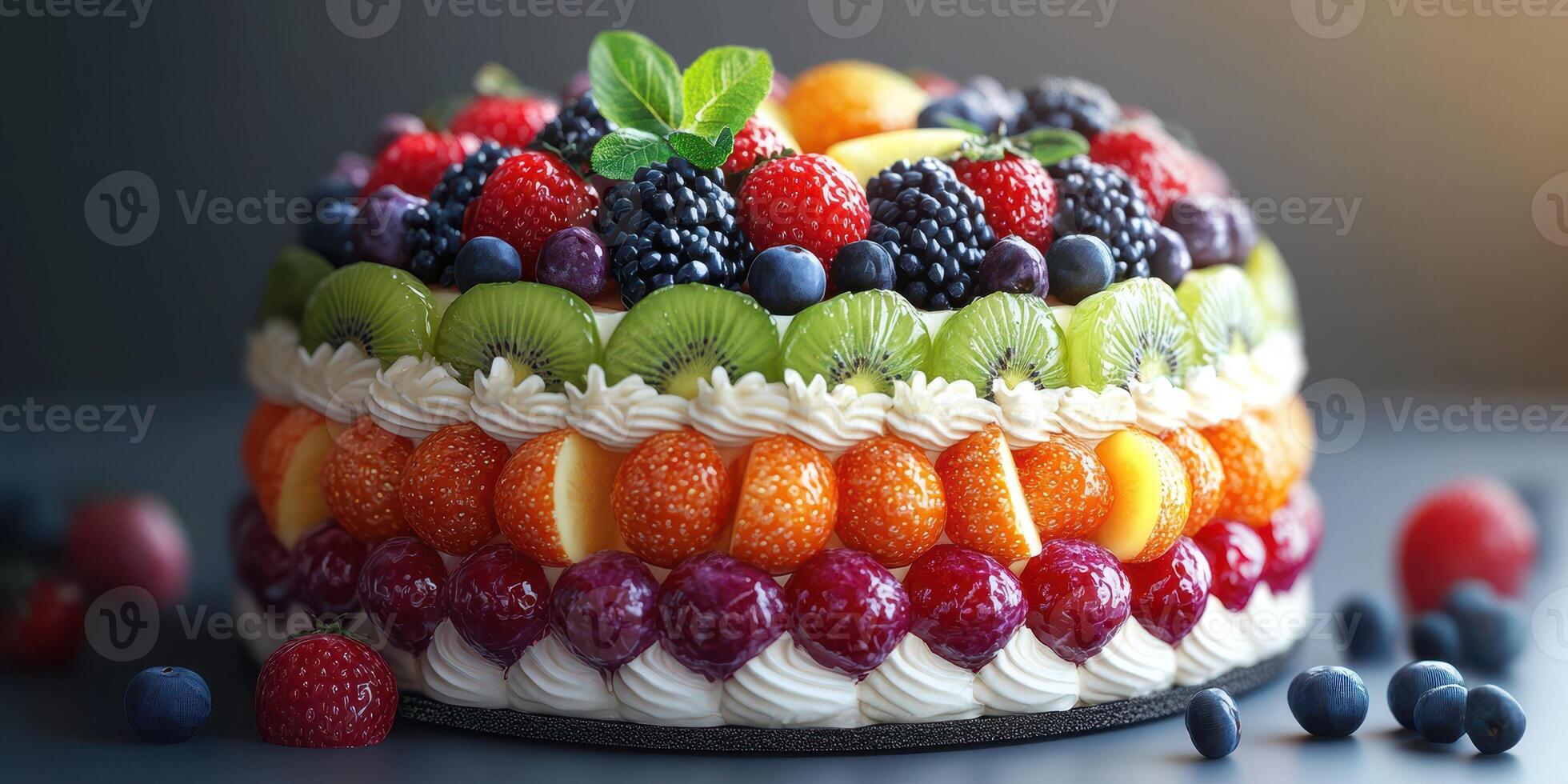 Vibrant fruit cake decorated with assorted berries and cream served on a table photo