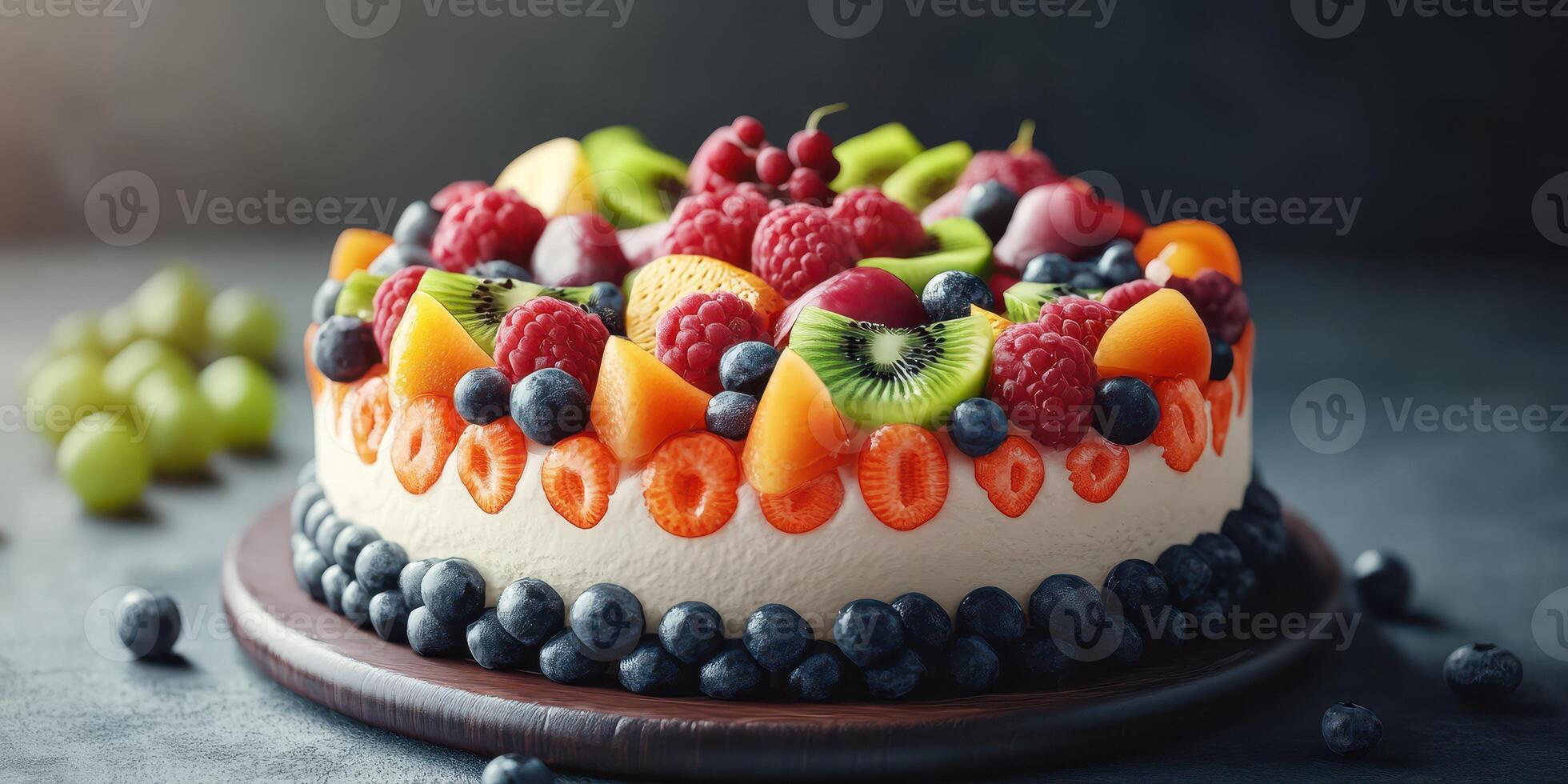 Colorful fruit cake with fresh berries and sliced fruit arranged elegantly on a dark wooden base photo
