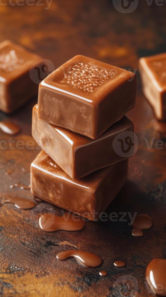 Delicious chocolate squares stacked on a rustic surface with smooth chocolate drips nearby photo