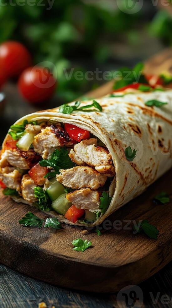Freshly made chicken wrap with vegetables and herbs served on a rustic wooden board with cherry tomatoes in the background photo
