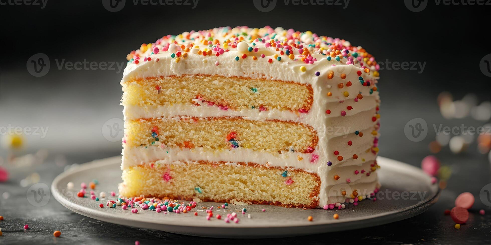 Delightful three-layer cake with colorful sprinkles displayed on a plate at a celebration photo