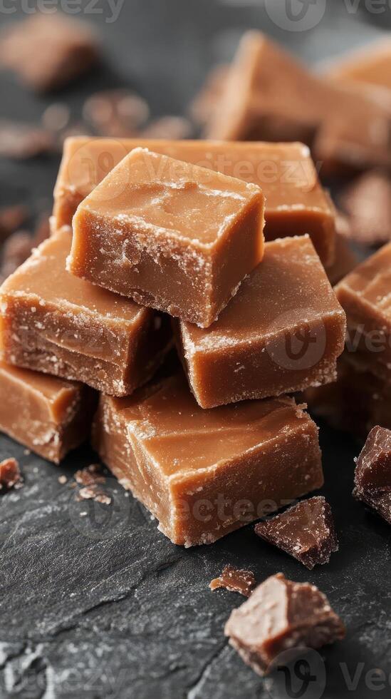Creamy fudge pieces stacked on a dark slate surface with crumbs scattered around in a cozy kitchen setting photo