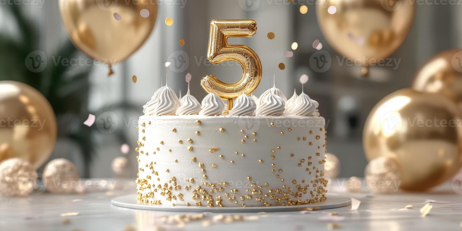 Celebrating a child's fifth birthday with a beautifully decorated cake and festive decor photo