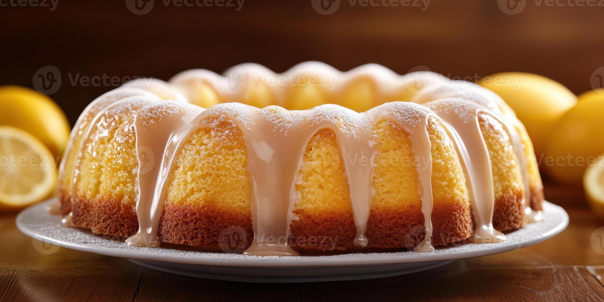 Lemon bundt cake with glaze displayed on a plate surrounded by fresh lemons photo