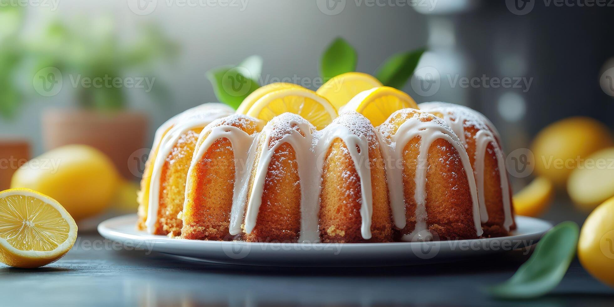 Delicious lemon bundt cake decorated with fresh slices and drizzled icing, perfect for any occasion photo