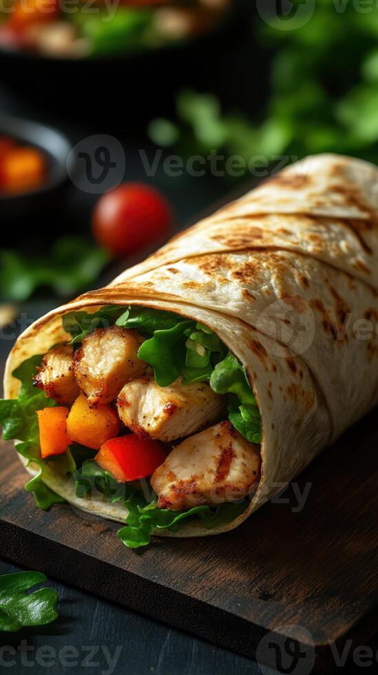 Delicious wrap filled with grilled chicken, fresh vegetables, and vibrant colors on a wooden surface photo