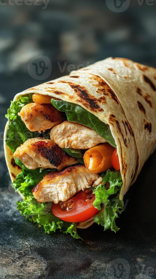 Grilled chicken wrap filled with fresh vegetables and herbs on a dark surface photo