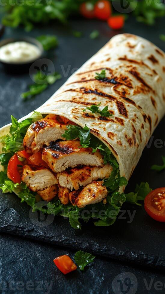 Deliciously grilled chicken wrap served on a black slate platter with fresh vegetables and herbs photo