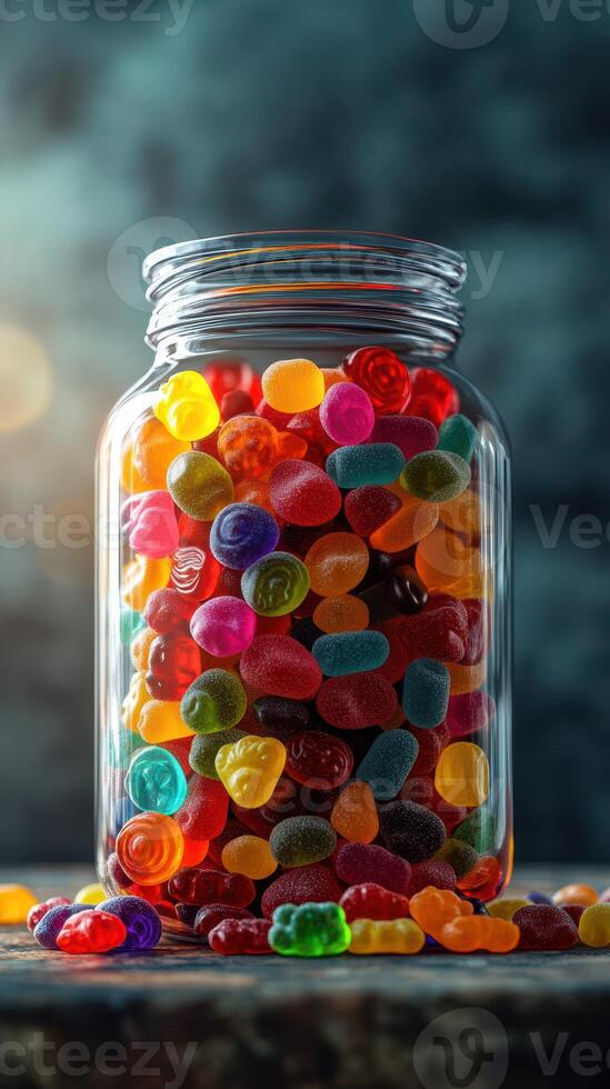Colorful assortment of candy jar filled with bright gummies and sweets in a creative setting photo