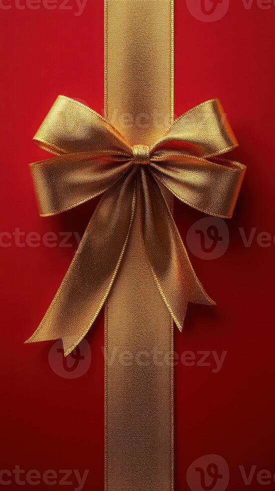 Bright red gift wrap adorned with a shiny gold bow for holiday celebrations or special occasions in a festive setting photo