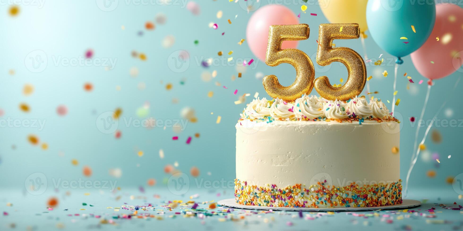 Celebration with a decorated cake featuring golden 55 candles and colorful balloons in a festive atmosphere photo