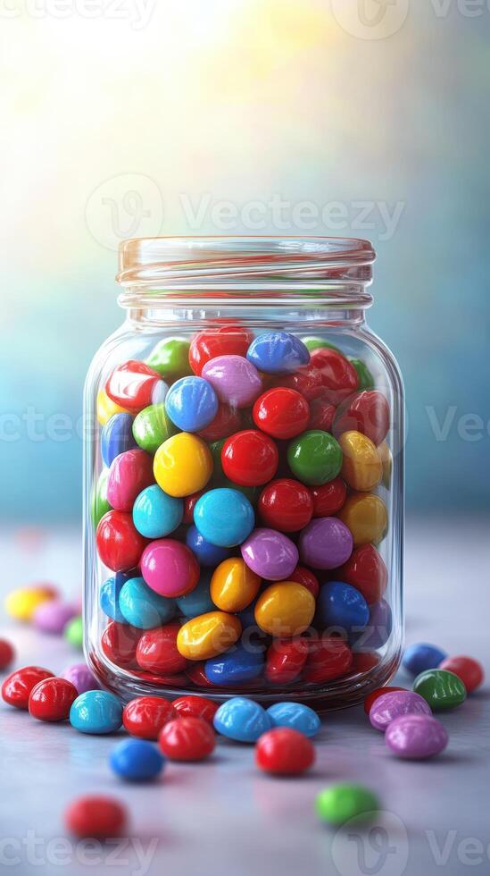 Vibrant glass jar filled with colorful candy on a soft background illuminated by natural light photo