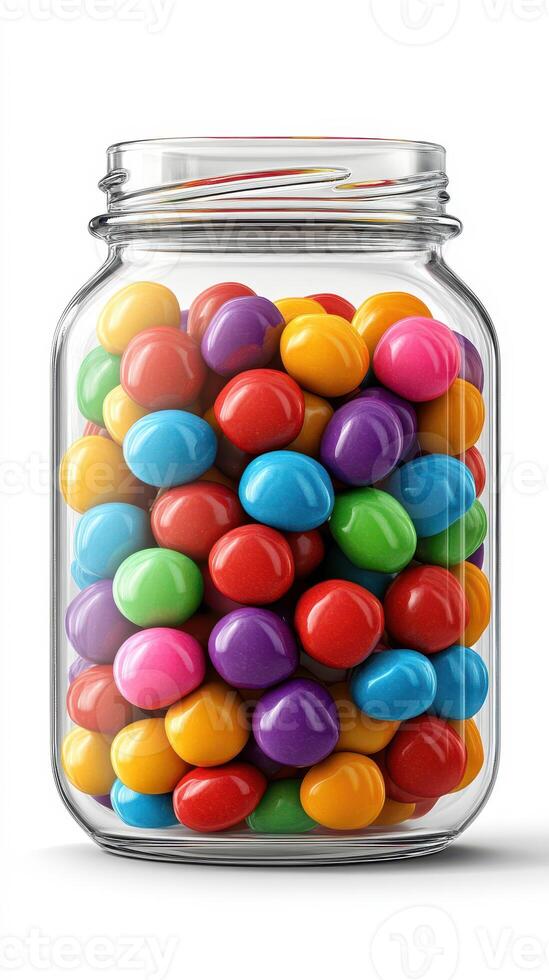 Colorful candy jar filled with vibrant sweets displayed on a clean white background photo