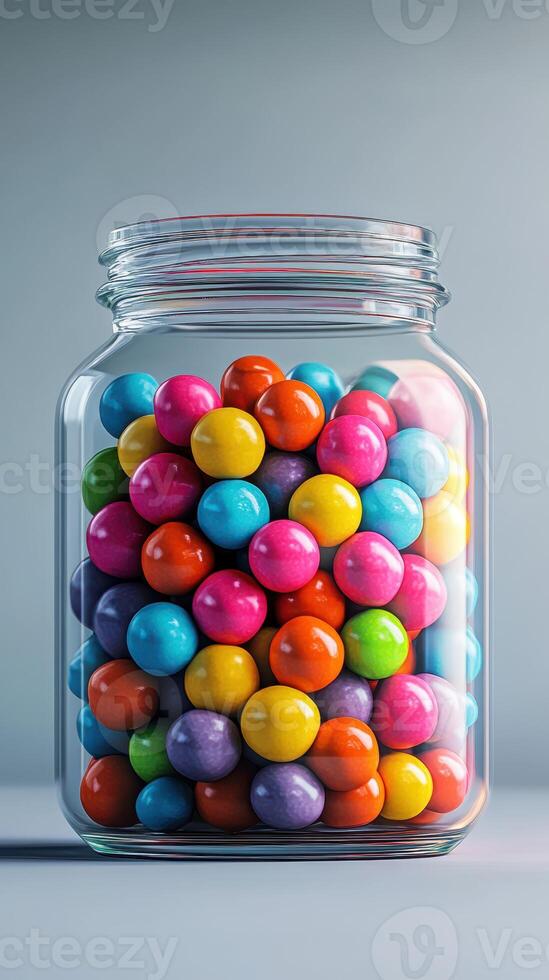 Colorful candy coated gumballs vibrantly displayed in a glass jar on a neutral background photo