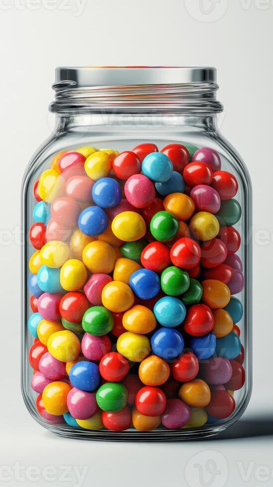 Colorful candy filled jar creates a vibrant display in a bright setting photo