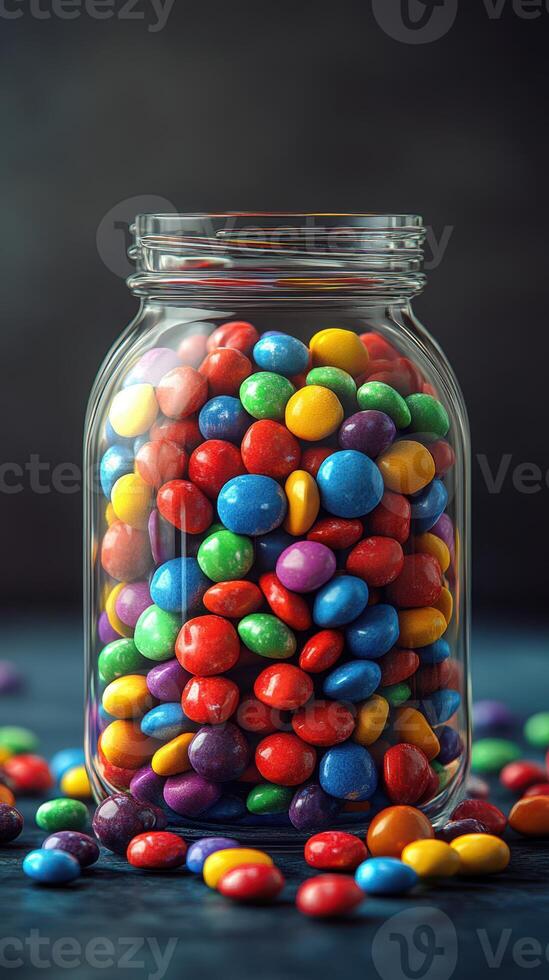 Colorful candy jar filled with vibrant sweets creates a joyful display of treats in a glass container photo