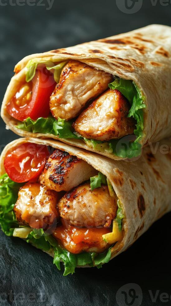 Delicious chicken wrap with fresh vegetables served in a cozy setting for a flavorful lunch experience photo