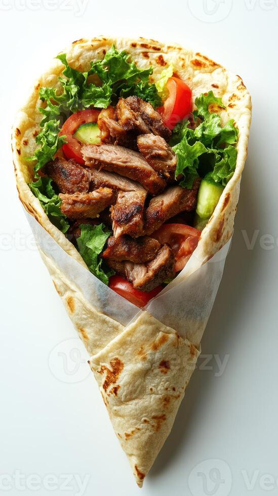 Savory grilled meat wrap filled with fresh vegetables served on a white background photo