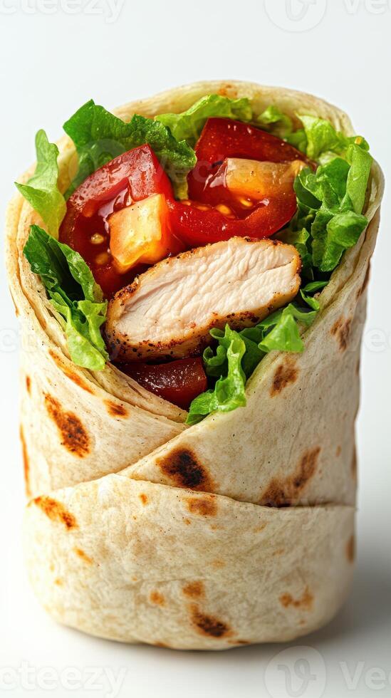 Delicious chicken wrap filled with fresh vegetables ready to be enjoyed photo