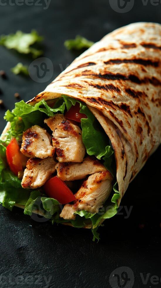 Grilled chicken wrap with fresh vegetables on a dark background ready for a flavorful meal photo