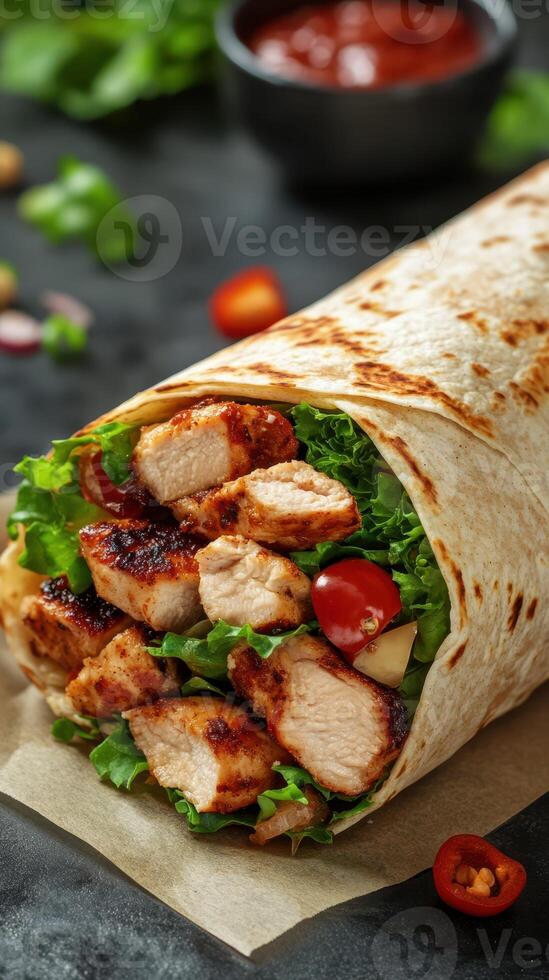 Delicious grilled chicken wrap with fresh vegetables and savory sauce served on a wooden table photo