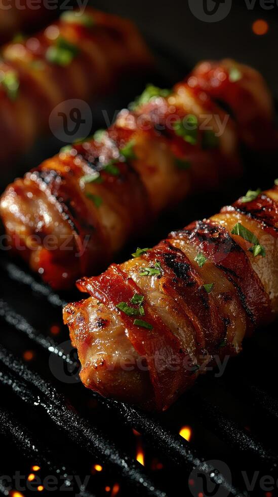 Grilled meat rolls wrapped in bacon garnished with herbs during a summer barbecue in a backyard setting photo