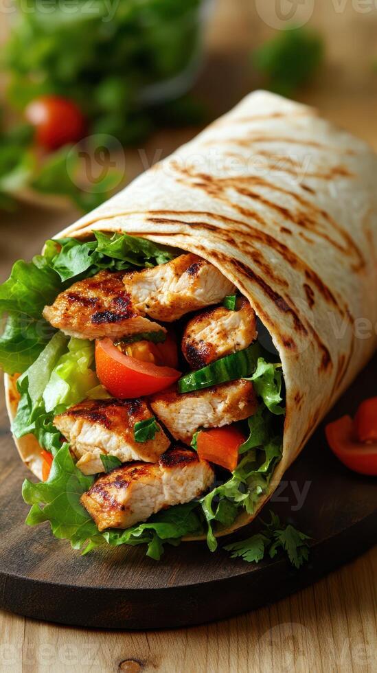 Grilled chicken wrap filled with fresh vegetables served on a wooden board photo