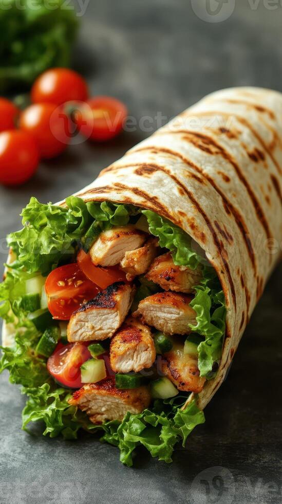 Delicious chicken wrap with fresh vegetables served on a plate at a casual dining setting photo