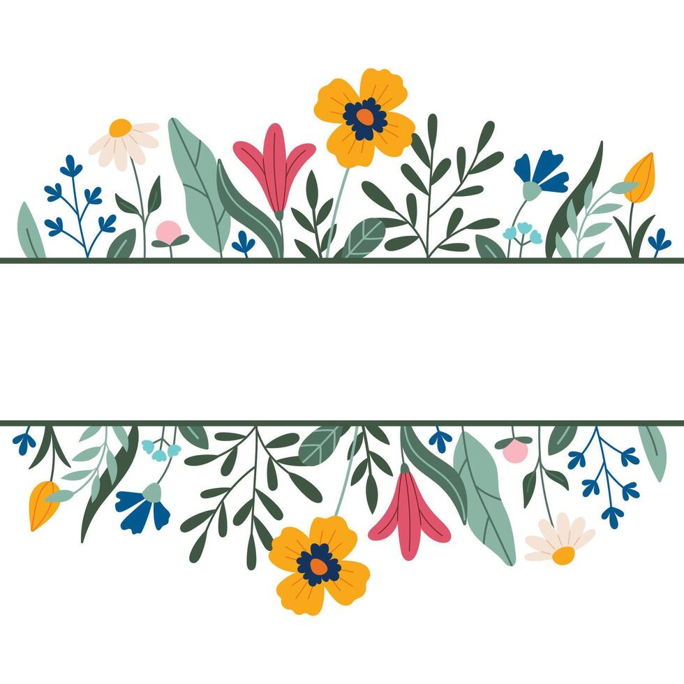 Decorative frame, border, frieze with flowers tulips, leaves, lilies, daffodils. . Doodle style. Copy space, design template. Hand drawn spring and summer flowers and foliage vector