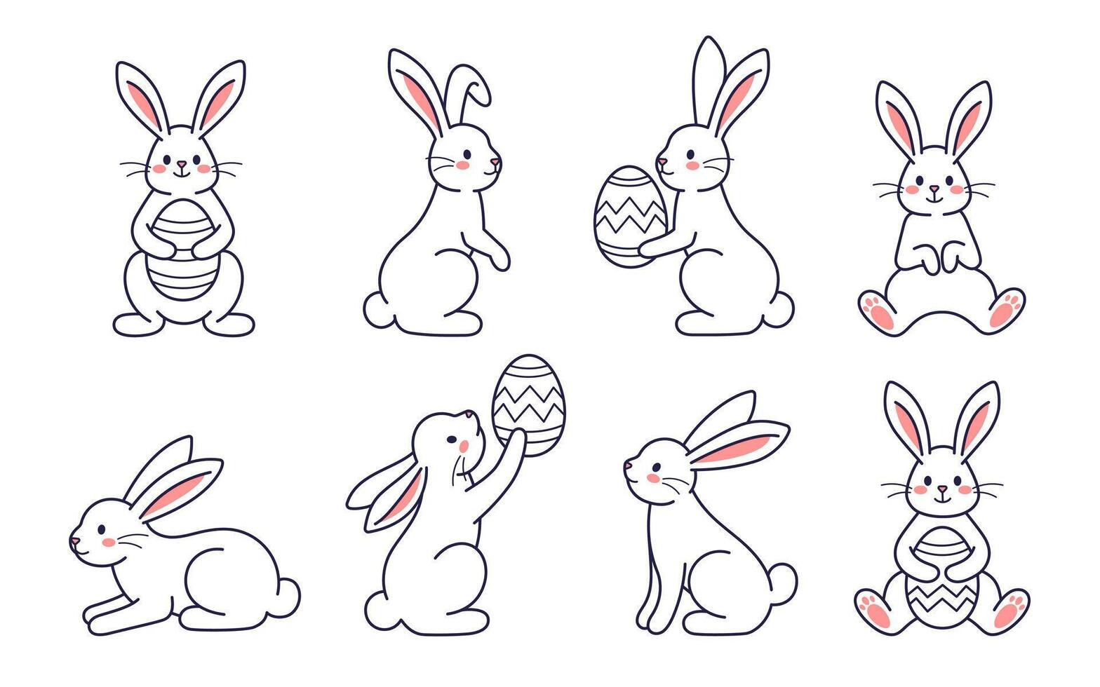 Easter character set. Bunny, rabbit, hare holding with painted egg. Flat design, outline illustration. Easter character coloring page. Happy Easter concept collection vector