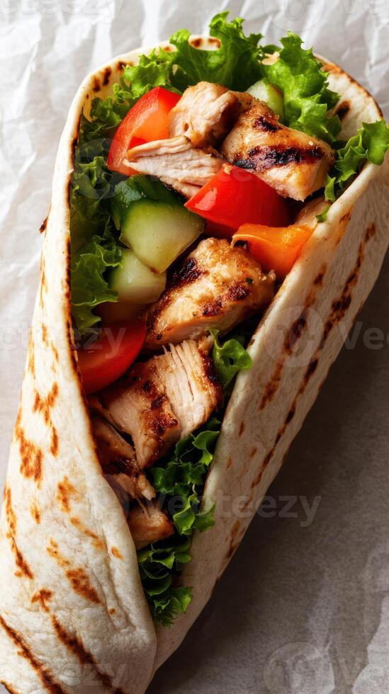 Grilled chicken wrap with fresh vegetables served on a rustic background photo