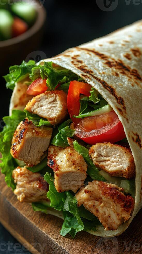 Grilled chicken wrap filled with fresh vegetables on a wooden serving board, ideal for a healthy meal choice photo