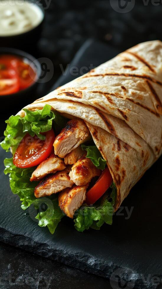 Grilled chicken wrap filled with fresh vegetables served on a slate plate photo