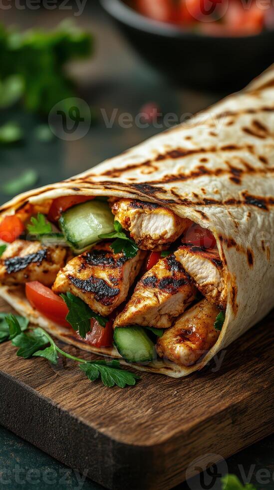 Grilled chicken wrap filled with fresh vegetables served on a wooden board in a cozy setting photo