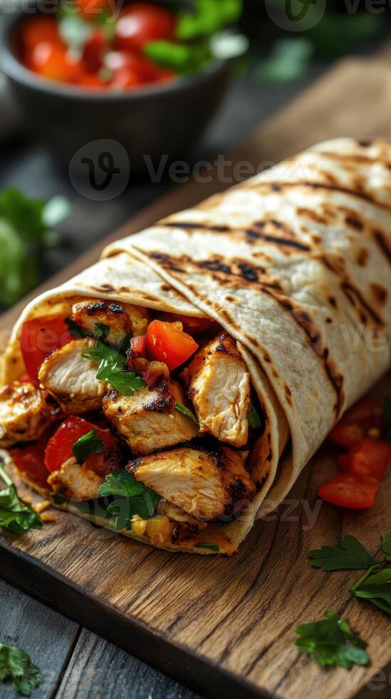Delicious grilled chicken wrap with fresh vegetables served on a wooden board photo