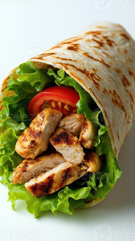 Grilled chicken wrap with fresh vegetables in a soft tortilla served on a clean surface photo