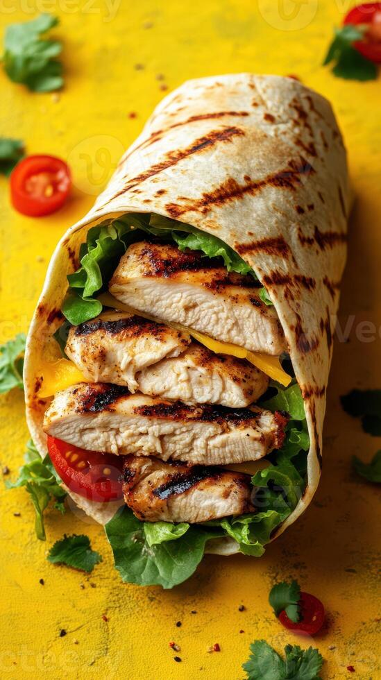Grilled chicken wrap filled with fresh vegetables and herbs on vibrant yellow background photo
