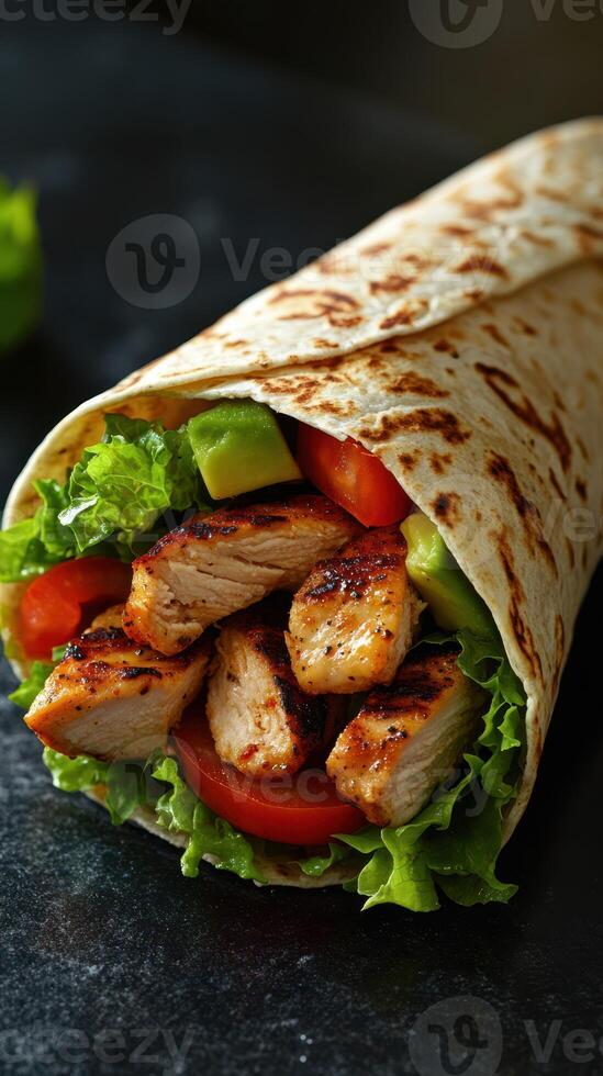 Delicious grilled chicken wrap with fresh vegetables served on a dark surface photo