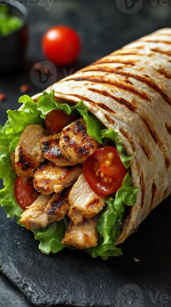 Grilled chicken wrap with fresh vegetables and herbs on a dark background photo