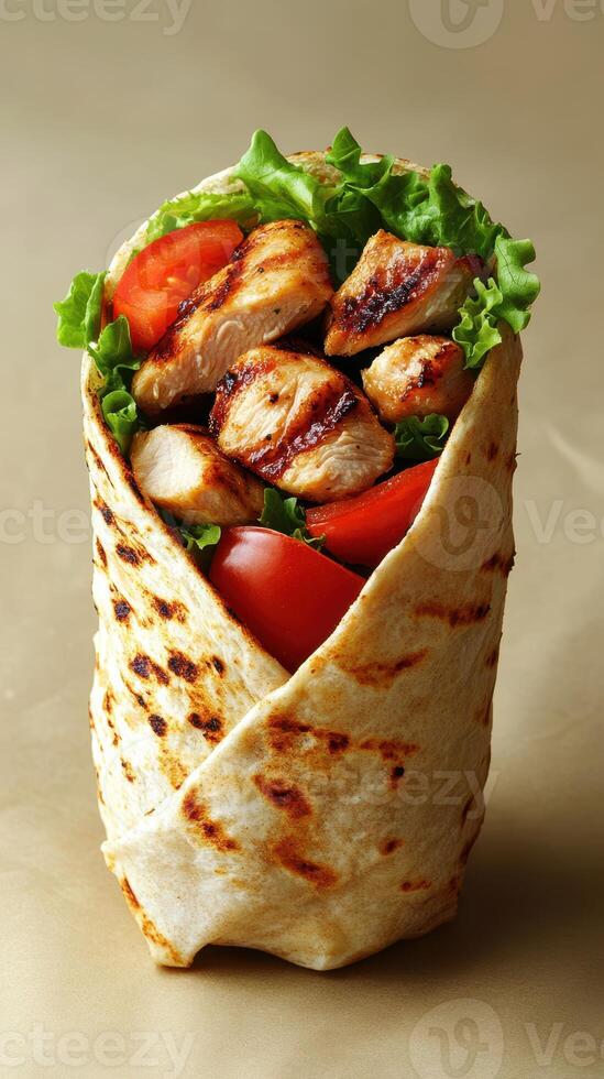 Grilled chicken wrap filled with fresh vegetables displayed on a neutral background photo