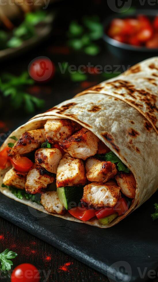 Fresh chicken wrap filled with vegetables served on a dark wooden table with herbs and cherry tomatoes photo