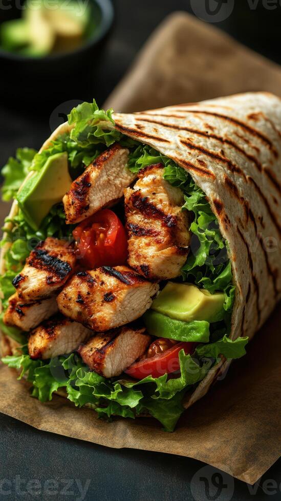 Delicious grilled chicken wrap filled with fresh vegetables on a black table photo