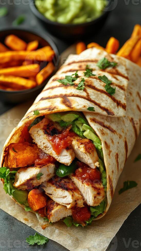 Delicious chicken wrap with fresh vegetables and sweet potato fries served in a cozy setting photo