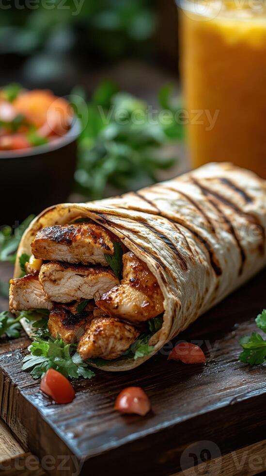 Grilled chicken wrap served with fresh toppings and refreshing drink in vibrant setting photo
