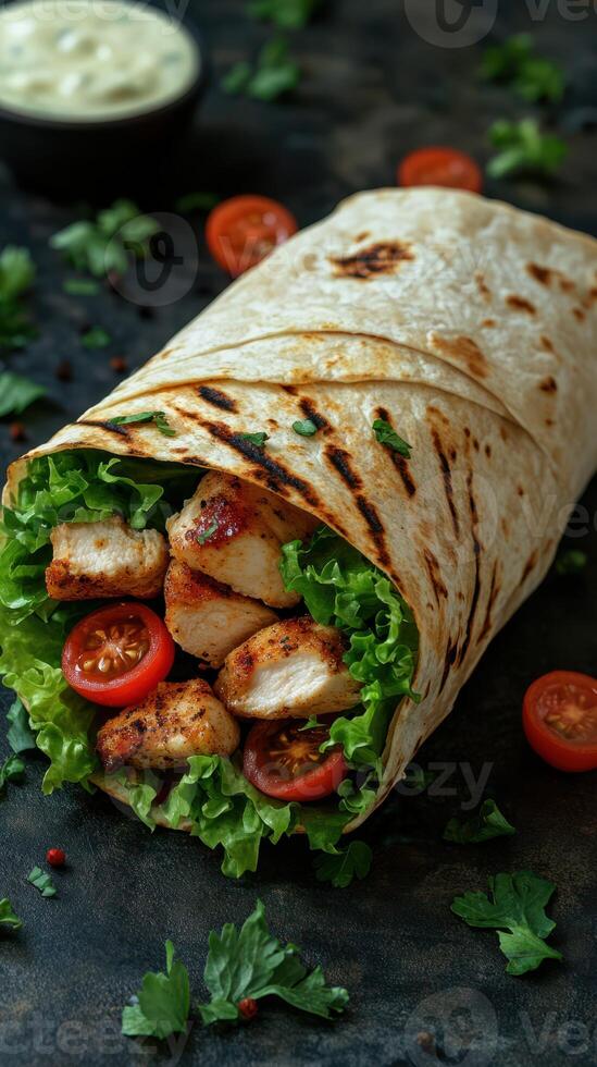 Delicious grilled chicken wrap with fresh vegetables ready to enjoy at lunchtime photo