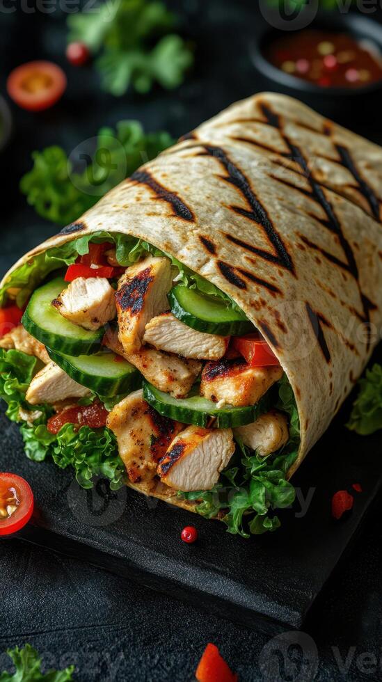 Grilled chicken wrap with fresh vegetables presented on a dark wooden board in a cozy dining setting photo