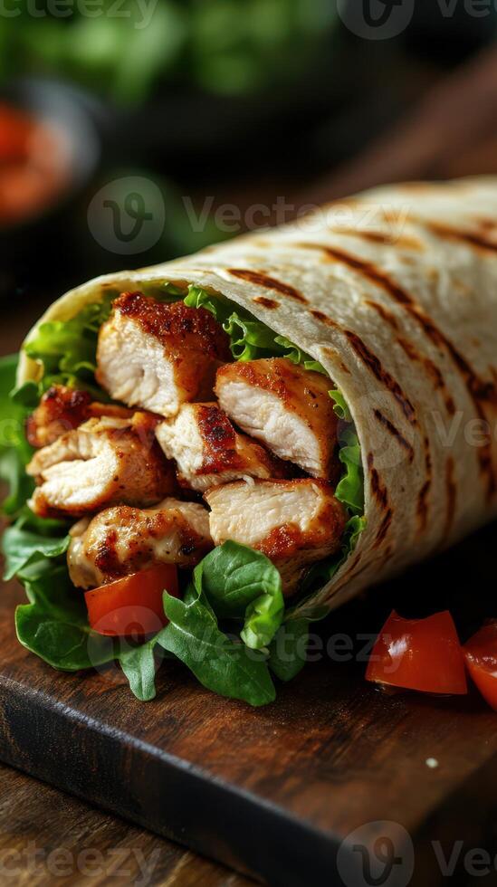 Grilled chicken wrap with fresh vegetables displayed on a wooden board photo